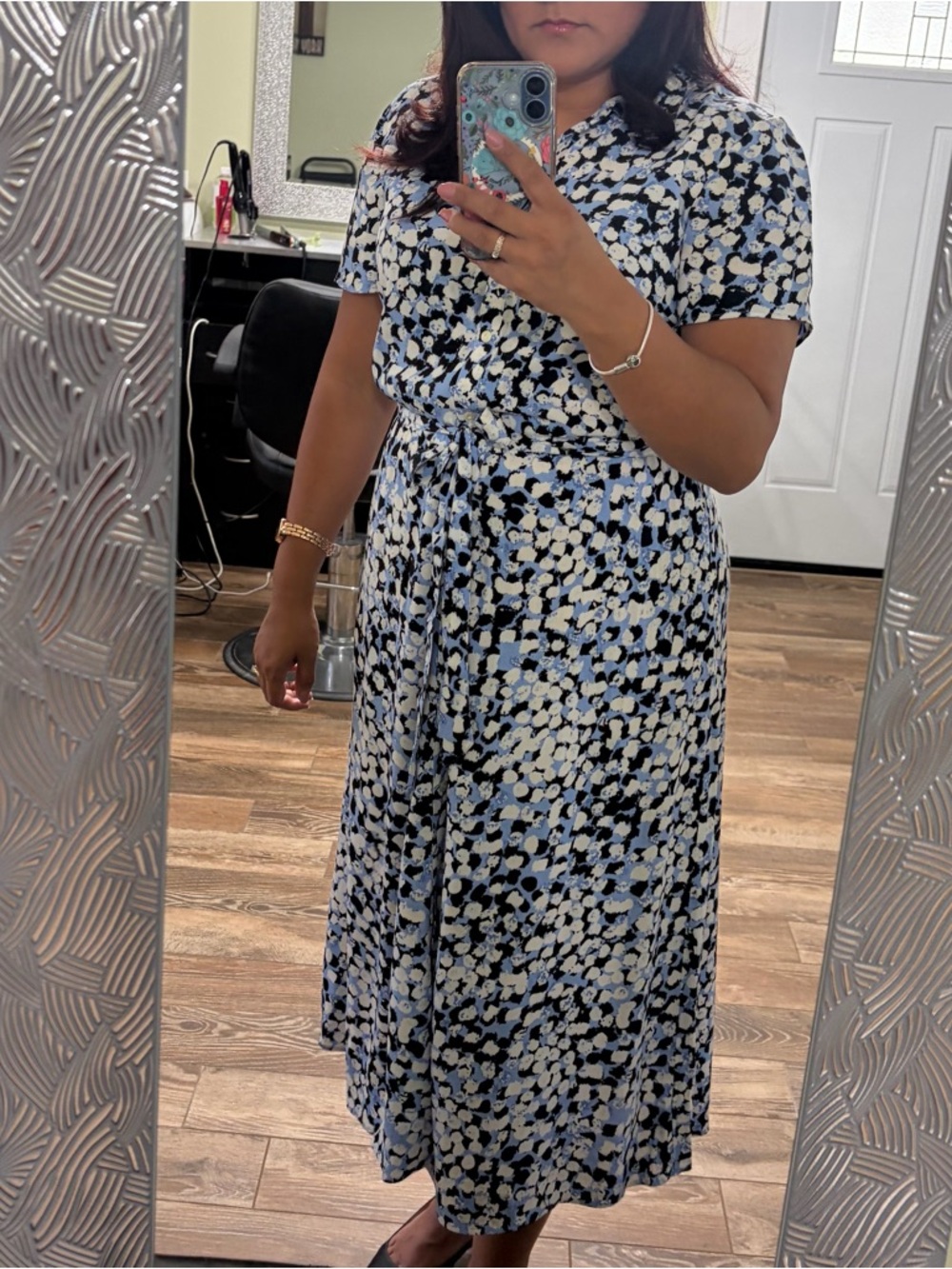 Talbots Blue, White and Black Floral Tie-Waist Midi Dress